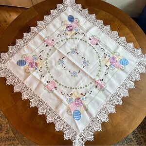 Embroidered Easter Egg Lace Table Topper - White with Pastel Accents
